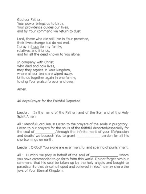Its comprised of 40 days prayers addressed to different angels and saints; it also extends to various saints who comfort the faithful in. . Free printable 40 days prayer for the faithful departed